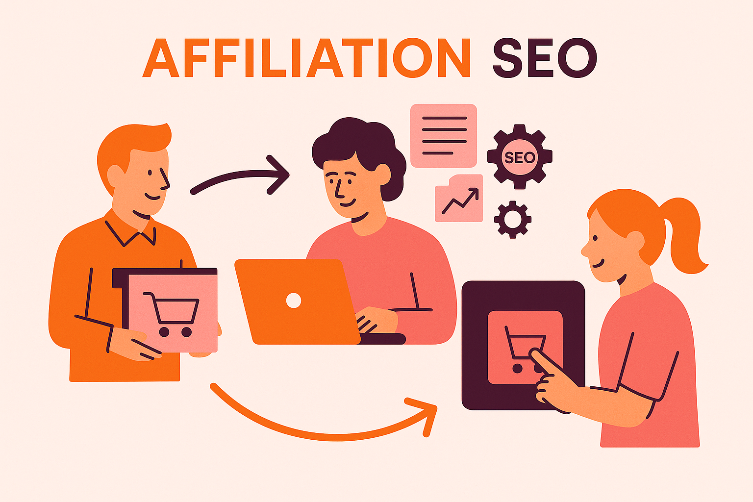 Illustration affiliation SEO : un vendeur propose un produit, un affilié crée du contenu optimisé SEO, et un acheteur clique pour acheter en ligne.