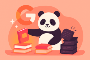 Illustration de l’algorithme Google Panda avec un panda qui trie des livres : d’un côté du contenu utile et coloré en rose et orange, de l’autre des contenus sombres rejetés.