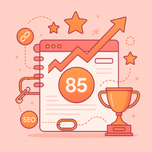Illustration flat design rose et orange représentant un site web avec un score Domain Rating de 85, entouré d’icônes SEO, de liens, d’une courbe ascendante, d’étoiles et d’un trophée.