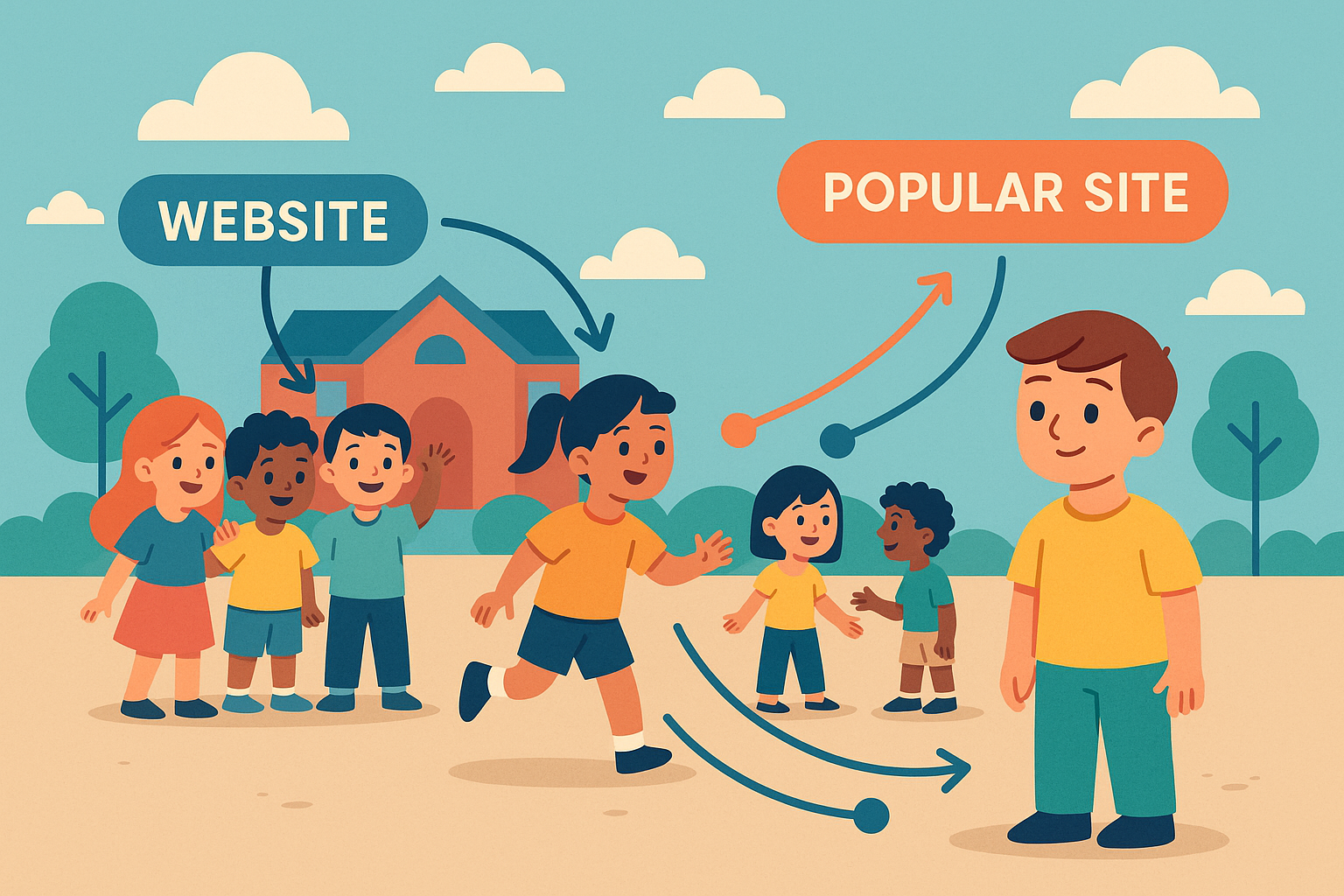 Illustration vectorielle représentant Internet comme une cour de récréation, avec plusieurs personnages reliés entre eux par des liens colorés symbolisant les domaines référents et les backlinks, sur fond rose et orange.