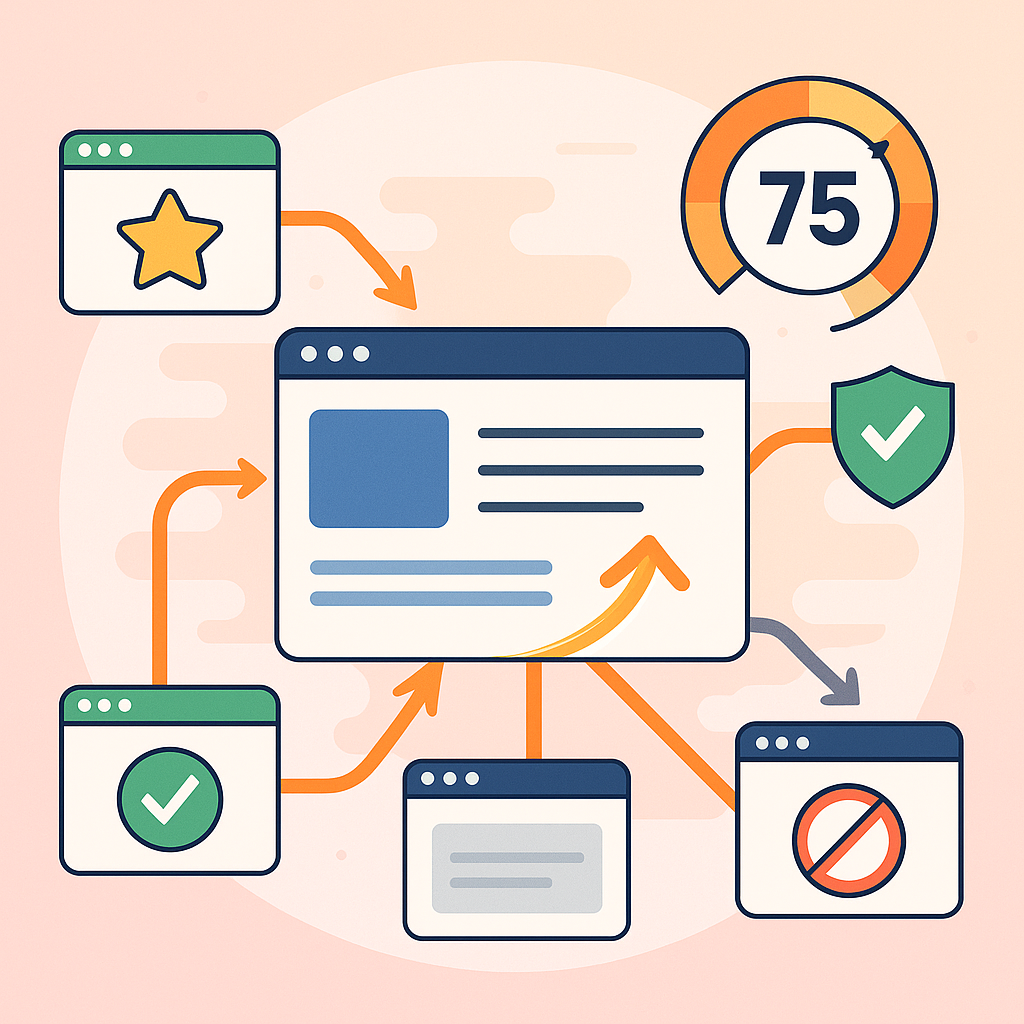 Illustration vectorielle flat design avec un site web central relié à d’autres sites par des flèches colorées, montrant des backlinks de confiance en orange et rose, un score Trust Flow élevé affiché dans un cercle, sur fond dégradé rose-orange.