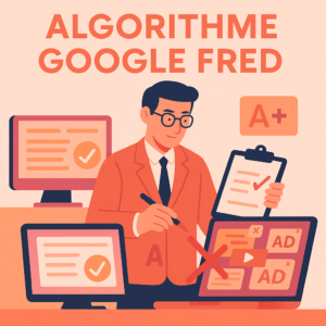 Illustration de l’algorithme Google Fred : un professeur corrige des sites web, valorisant les contenus de qualité et sanctionnant les pages remplies de publicités.