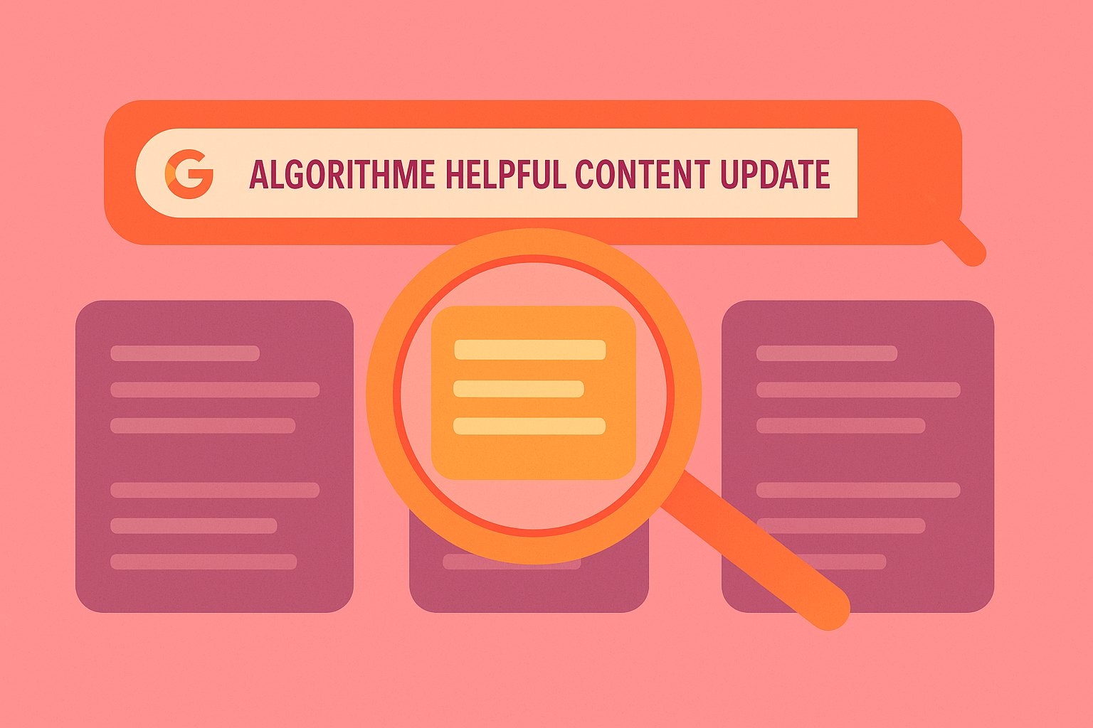 Illustration de l’algorithme Helpful Content Update de Google mettant en avant un contenu utile et clair, avec des couleurs rose et orange.