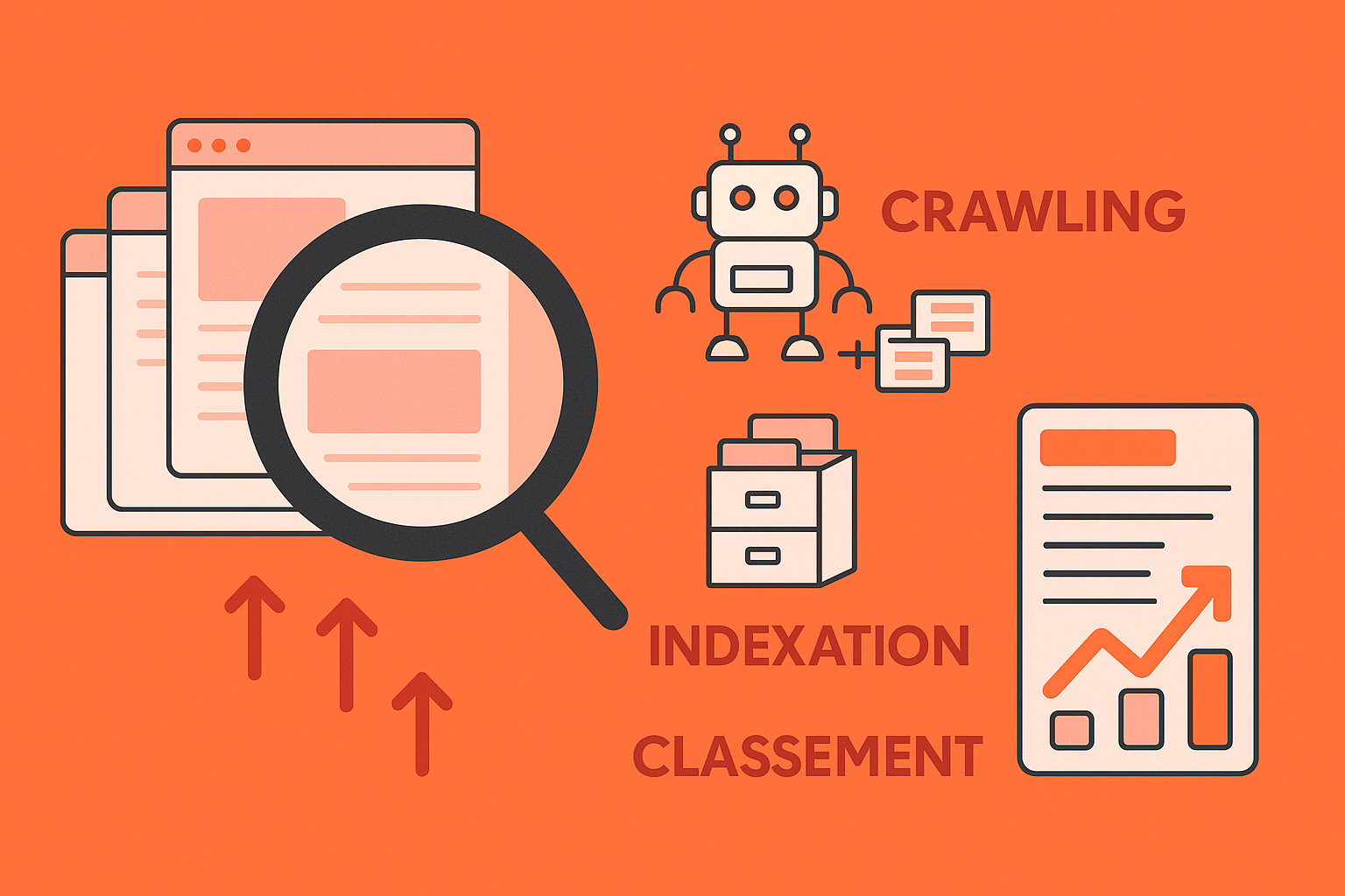 Illustration horizontale montrant le fonctionnement de l’algorithme Google avec trois étapes : crawling par un robot, indexation dans une base de données, et classement des résultats, dans une charte graphique orange, rose et gris.