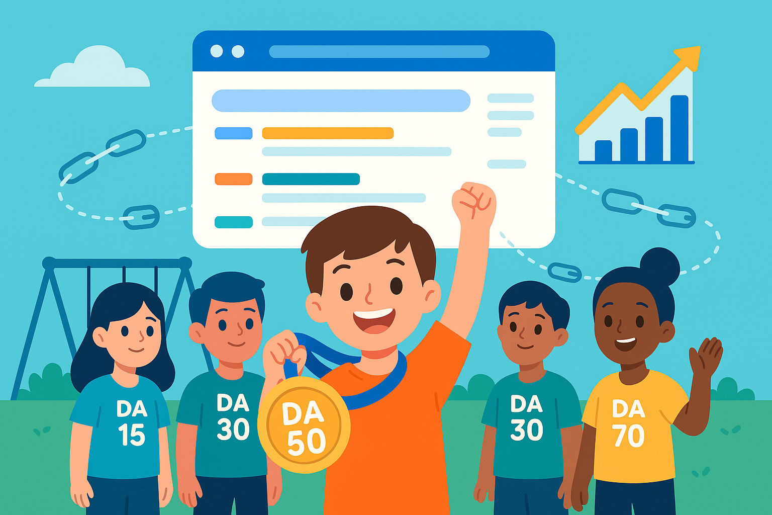 Illustration en flat design montrant un site web entouré de liens, cadenas de sécurité et flèches de croissance pour représenter le Domain Authority, avec des couleurs modernes et dynamiques.