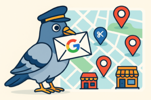 Illustration de l’algorithme Google Pigeon avec un pigeon facteur et une carte géolocalisée