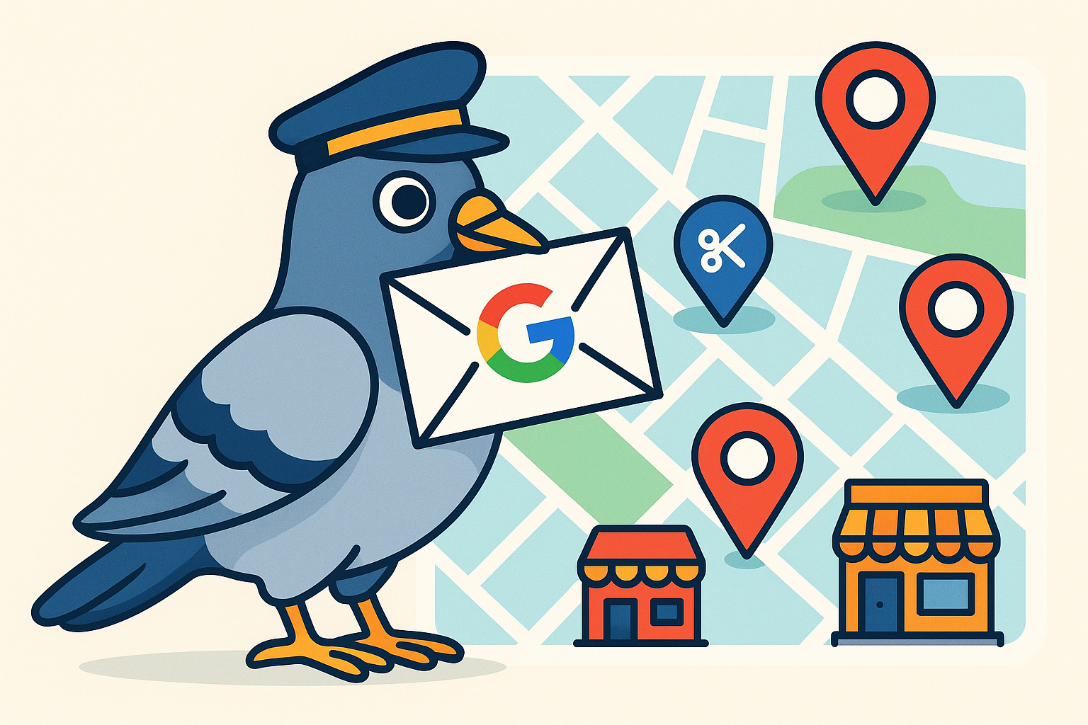 Illustration de l’algorithme Google Pigeon avec un pigeon facteur et une carte géolocalisée