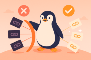 Illustration de l’algorithme Google Pingouin avec un pingouin stylisé filtrant des liens, rejetant les artificiels et valorisant les liens naturels en rose et orange.