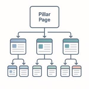 Schéma d’un cocon sémantique en SEO avec une page pilier reliée à des pages filles et petites-filles par un maillage interne