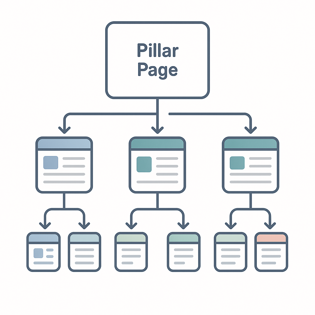 Schéma d’un cocon sémantique en SEO avec une page pilier reliée à des pages filles et petites-filles par un maillage interne