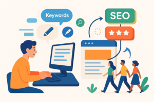 Illustration du copywriting SEO avec une personne qui écrit, des bulles de mots-clés et un site web attirant des visiteurs grâce au référencement