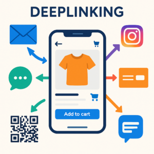 Illustration du deeplinking : un smartphone affiche une fiche produit, relié par des flèches colorées à des icônes email, SMS, QR code, Instagram et bannière web, symbolisant les différents canaux qui redirigent l’utilisateur directement vers l’application.