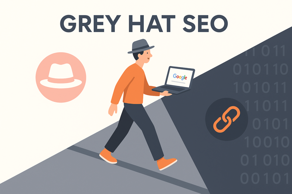 Illustration représentant le Grey Hat SEO : une personne avance sur une ligne grise entre deux mondes, l’un clair pour le White Hat et l’autre sombre pour le Black Hat, tout en tenant un ordinateur affichant Google.