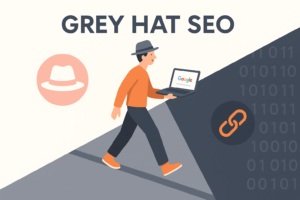 Illustration représentant le Grey Hat SEO : une personne avance sur une ligne grise entre deux mondes, l’un clair pour le White Hat et l’autre sombre pour le Black Hat, tout en tenant un ordinateur affichant Google.