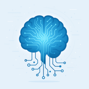Illustration d’un cerveau bleu connecté à des circuits électroniques, symbolisant l’intelligence artificielle et la fusion entre l’humain et la technologie.