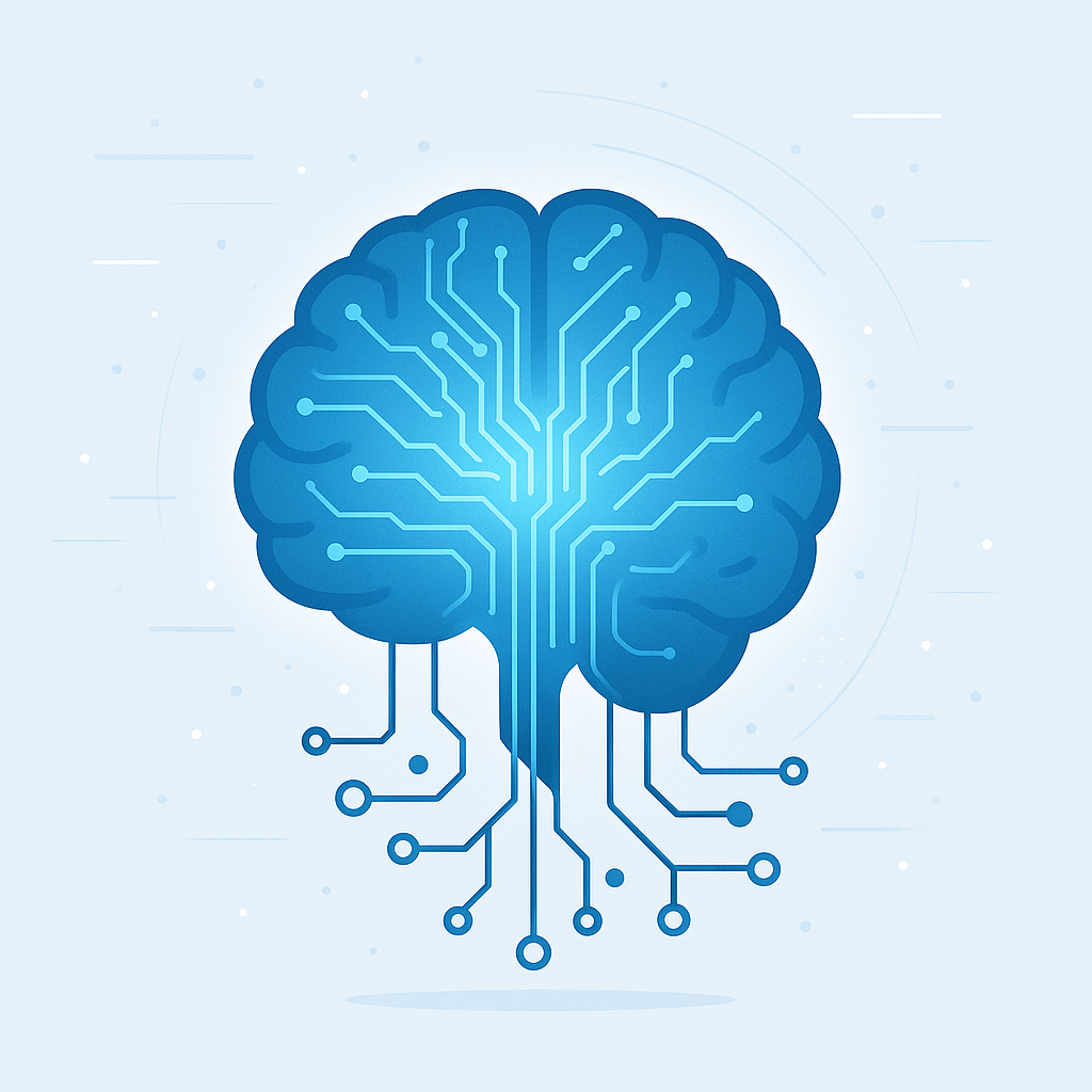 Illustration d’un cerveau bleu connecté à des circuits électroniques, symbolisant l’intelligence artificielle et la fusion entre l’humain et la technologie.