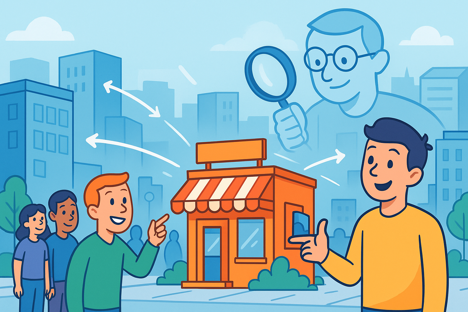 Illustration représentant le concept de lien DoFollow en SEO : un ami montre une petite boutique lumineuse dans une ville symbolisant Internet, reliée à d'autres bâtiments par des flèches, pendant que Google observe la scène avec une loupe.
