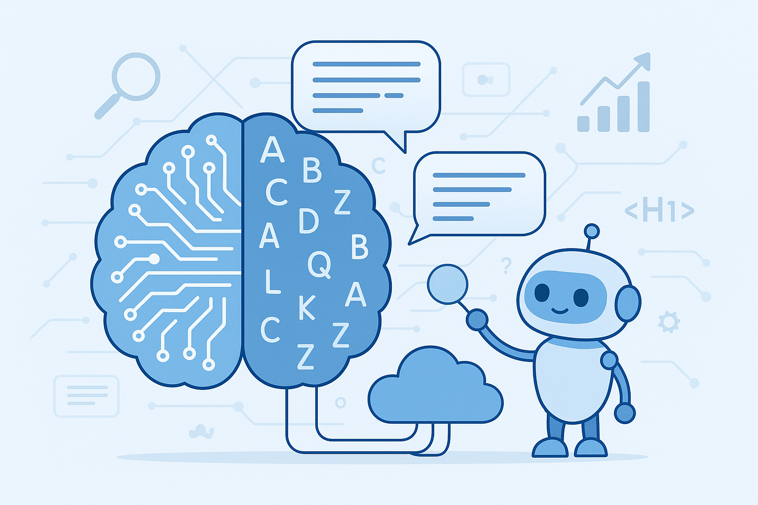 Illustration d’un robot bleu amical relié à un cerveau numérique composé de circuits et de lettres, symbolisant les LLM et l’intelligence artificielle capable de comprendre et générer du langage.