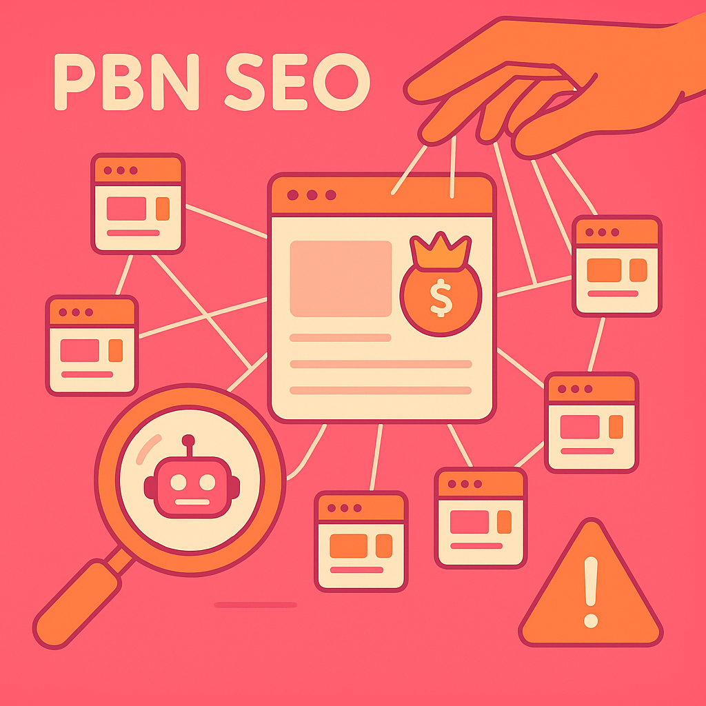 Illustration vectorielle d’un site central relié à plusieurs petits blogs par des fils de marionnette, une main tire les fils et une loupe avec un robot inspecte le réseau — métaphore visuelle du fonctionnement et du risque des PBN en SEO, dans des tons rose et orange.