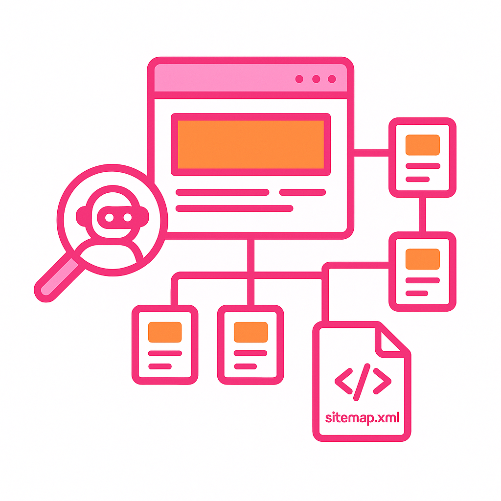 Illustration vectorielle en rose et orange montrant un site web central relié à plusieurs pages dans une structure en arborescence, avec une loupe robot et une icône de fichier sitemap.xml pour représenter un plan de site XML.