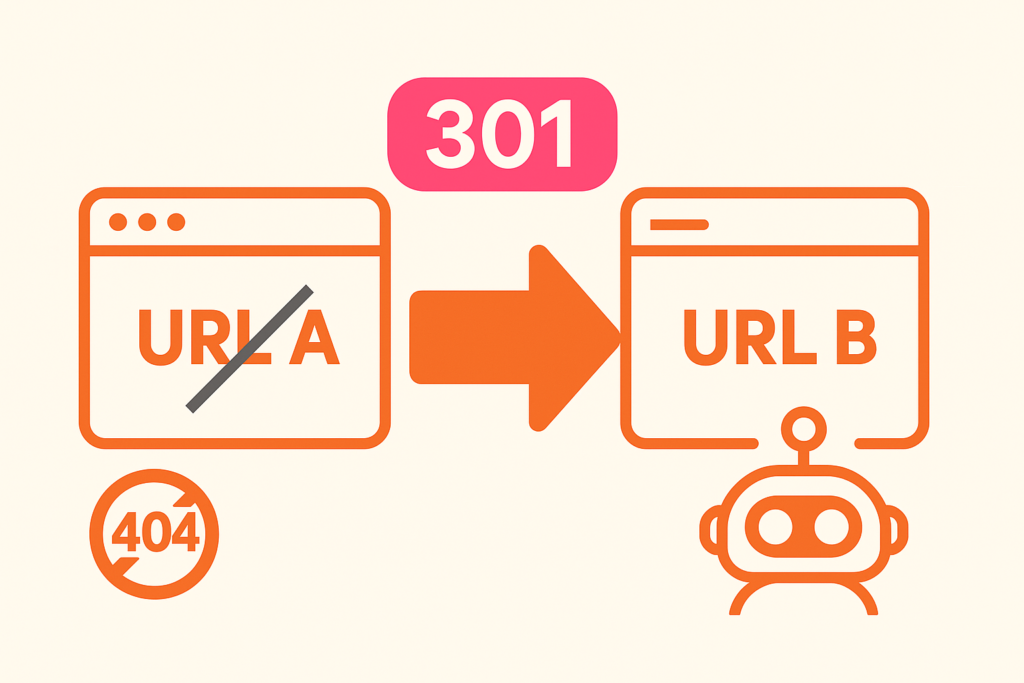 Illustration vectorielle montrant une redirection 301 : une fenêtre “URL A” barrée renvoyant vers une fenêtre “URL B” grâce à une flèche orange, avec un badge “301”, un petit robot stylisé et une icône 404 barrée — palette orange et rose.
