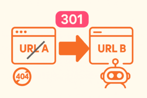 Illustration vectorielle montrant une redirection 301 : une fenêtre “URL A” barrée renvoyant vers une fenêtre “URL B” grâce à une flèche orange, avec un badge “301”, un petit robot stylisé et une icône 404 barrée — palette orange et rose.